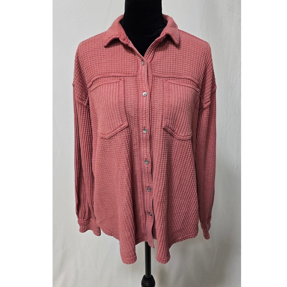 Aerie Lumberjane women S thermal waffle knit long sleeve button up shirt pink